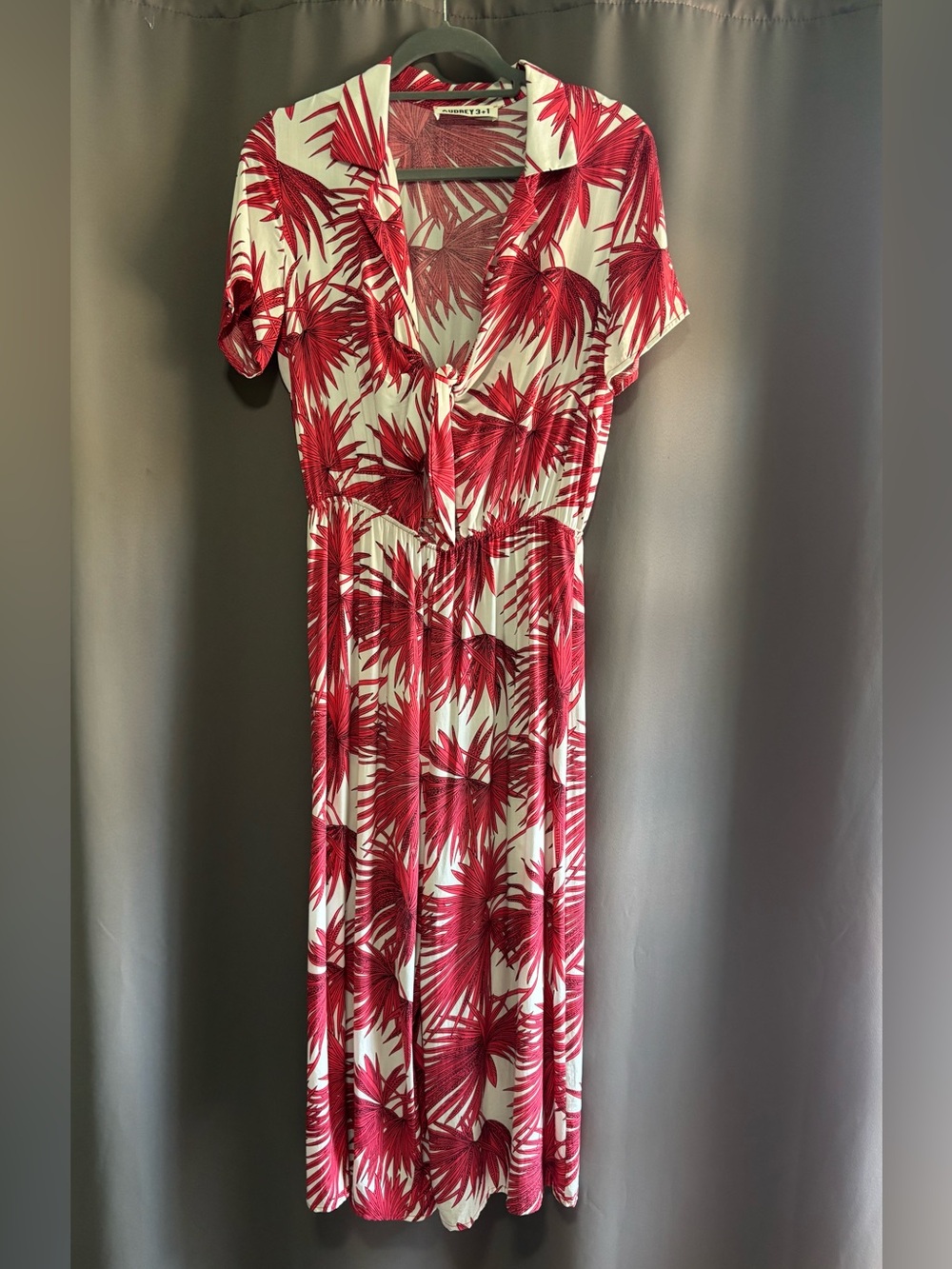 Red and White Palm-Print Collared Tie Front Jumpsuit